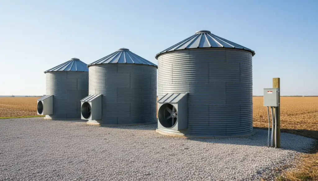 Three steel grain bins with aeration fans and a weatherproof disconnect on a post
