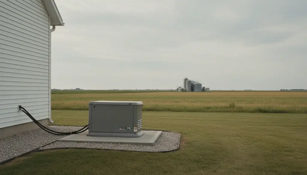 Stand-by generator on a concrete pad beside a white farmhouse