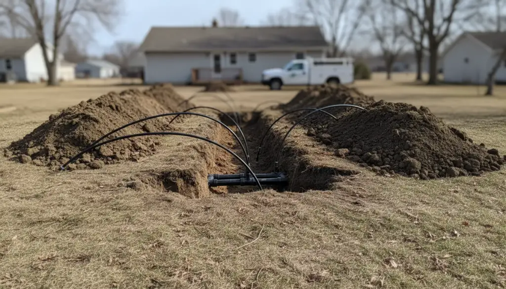 Ground loop pipe laid in an open trench in a rural yard