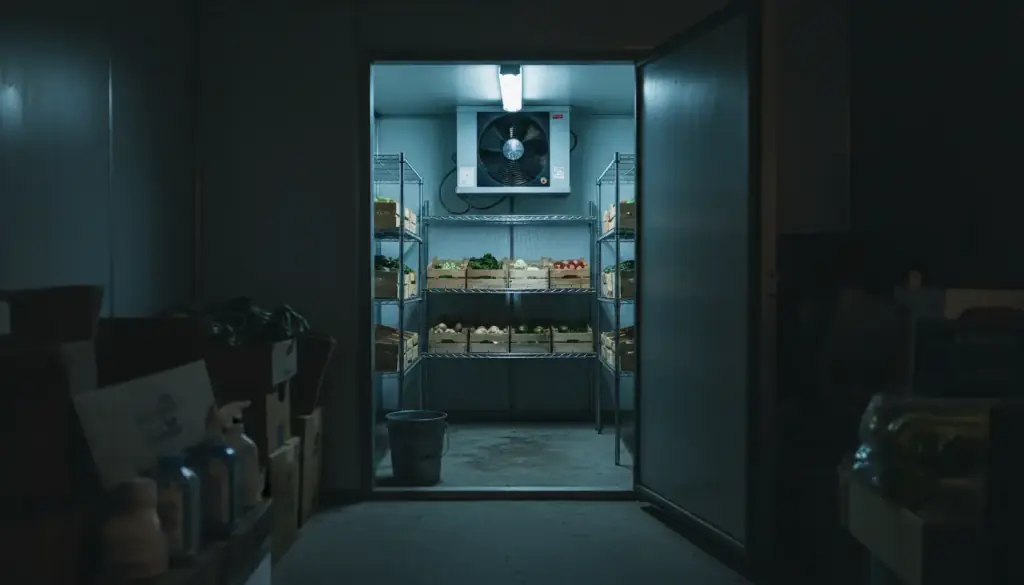 Walk-in cooler with its door open, evaporator fan and shelves of produce crates